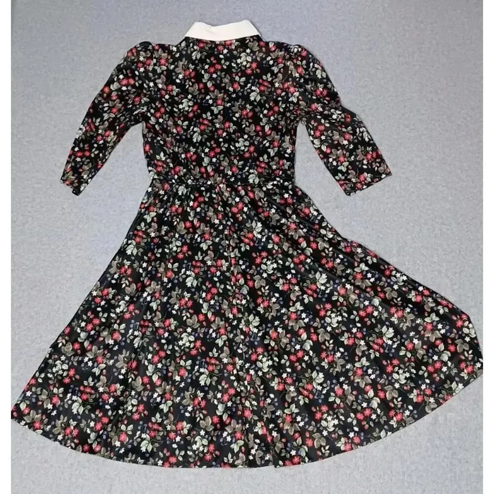 Homemade Grandmacore 3/4 Sleeve Midi Dress Womens Size Small Black Flowers... - Picture 10 of 10